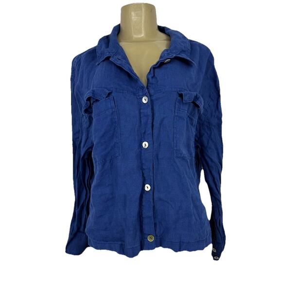 Rachel Zoe XL Women Button Up Shirt Blue 100% Linen Long Sleeve E0 - Picture 1 of 8